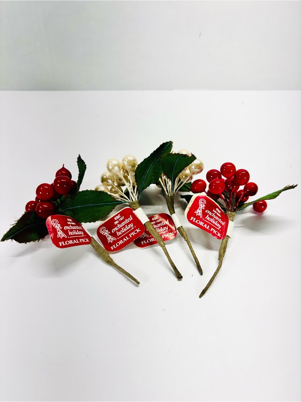 Lot Of 4 Vintage Enchanted Holiday Floral Picks Christmas Red White Berry 1995
